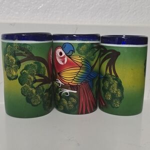 Vintage Hand Painted Parrot Green & Blue Accent Cups 3pk
